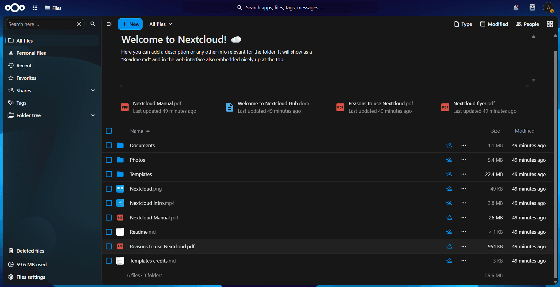 Nextclouds filoversigt efter installationen: velkomsthilsen øverst, mapperne Documents, Photos og Templates, et par vedlagte PDF-filer, og 59,6 MB brugt plads
